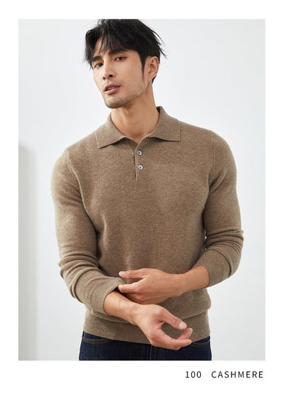 Men's Long-Sleeved Polo Shirt - Elegant Autumn Sweater