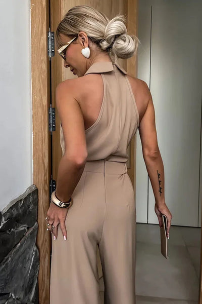 Elegant sleeveless open-back jumpsuit with wide-legged trousers