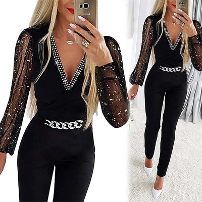 Elegant women's jumpsuit with sophisticated design and shiny sleeves