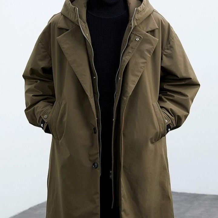 Men's long coat with double collar and wide hood