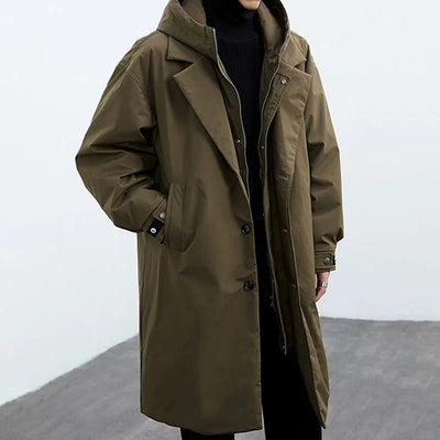 Men's long coat with double collar and wide hood