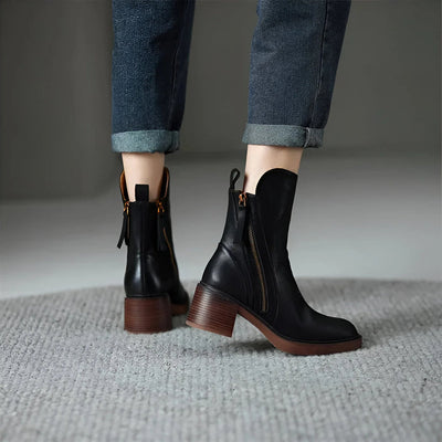 Comfortable low heel ankle boots for women with modern zipper design