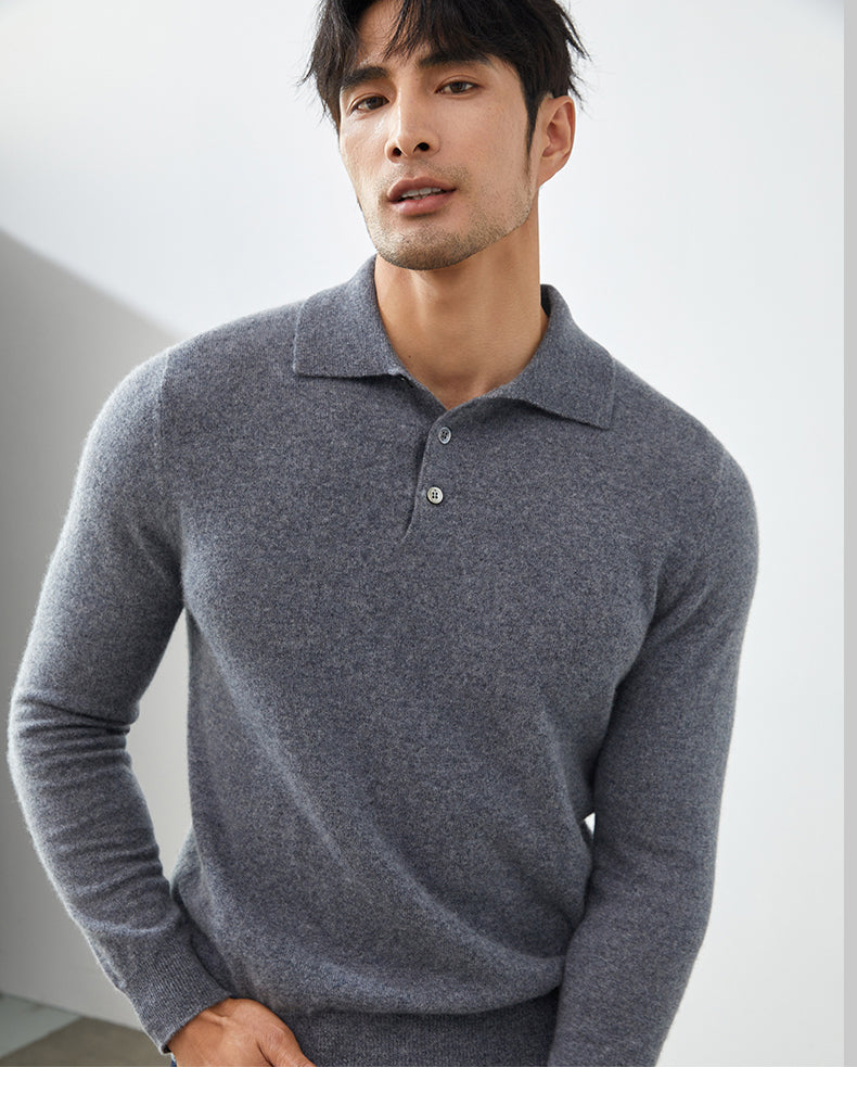 Men's Long-Sleeved Polo Shirt - Elegant Autumn Sweater