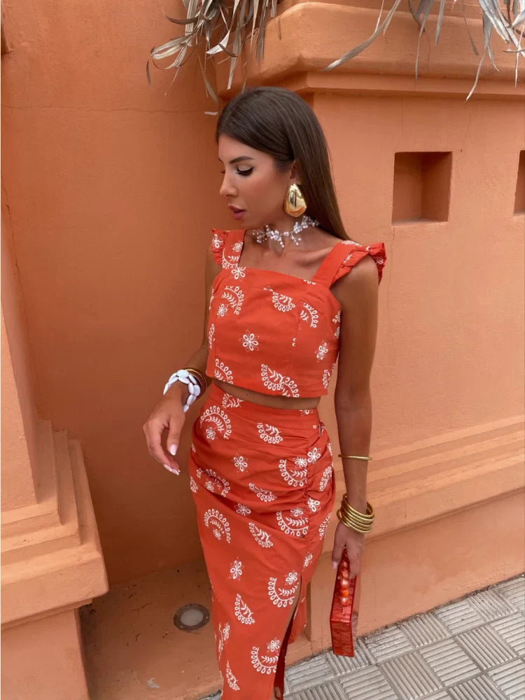 Bohemian two-piece set with crop top and flowy midi skirt