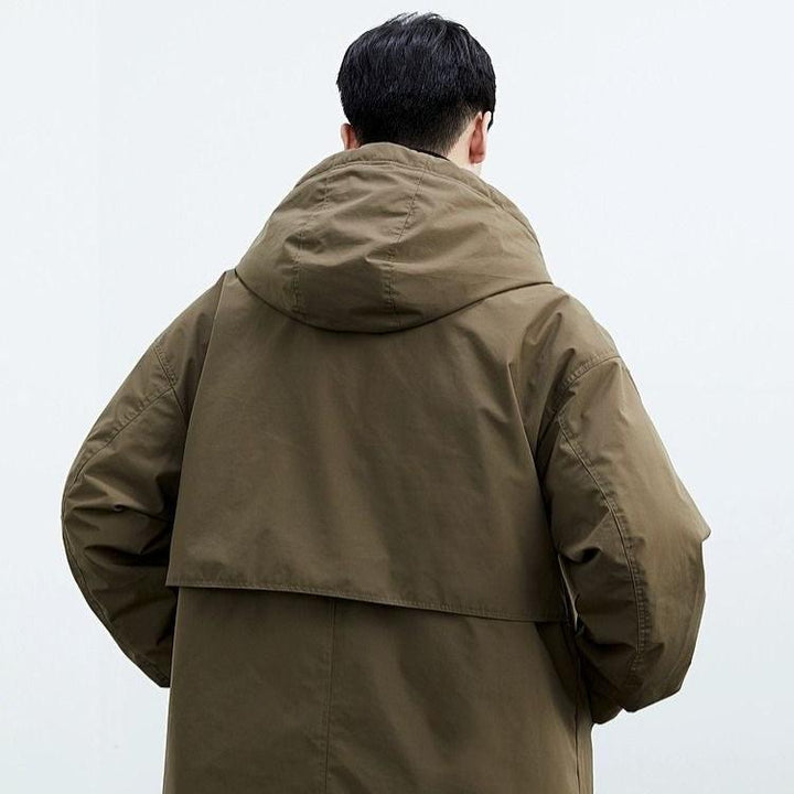 Men's long coat with double collar and wide hood