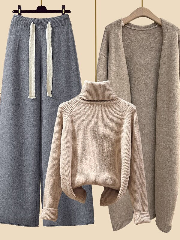 Women's 3-Piece Set: Wide-Leg Pants, Modern Sweater, and Elegant Cardigan