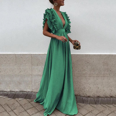 Elegant long dress with a plunging neckline and short ruffled sleeves