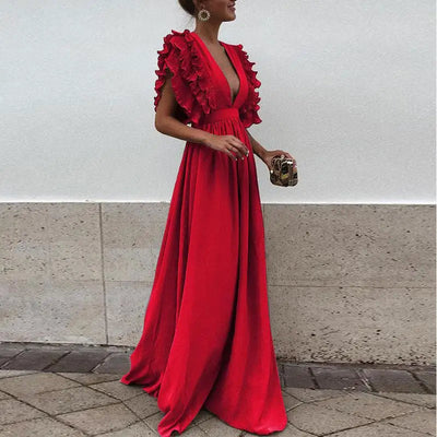 Elegant long dress with a plunging neckline and short ruffled sleeves