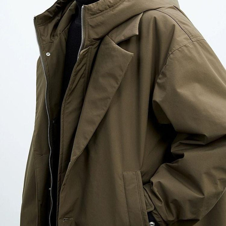 Men's long coat with double collar and wide hood