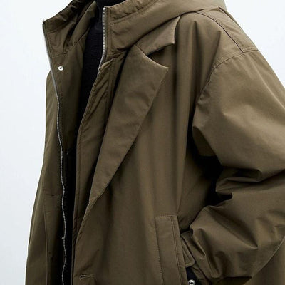 Men's long coat with double collar and wide hood