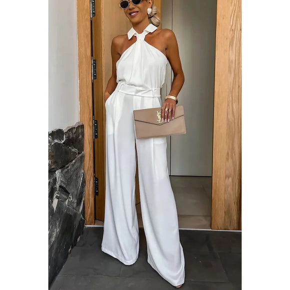 Elegant sleeveless open-back jumpsuit with wide-legged trousers