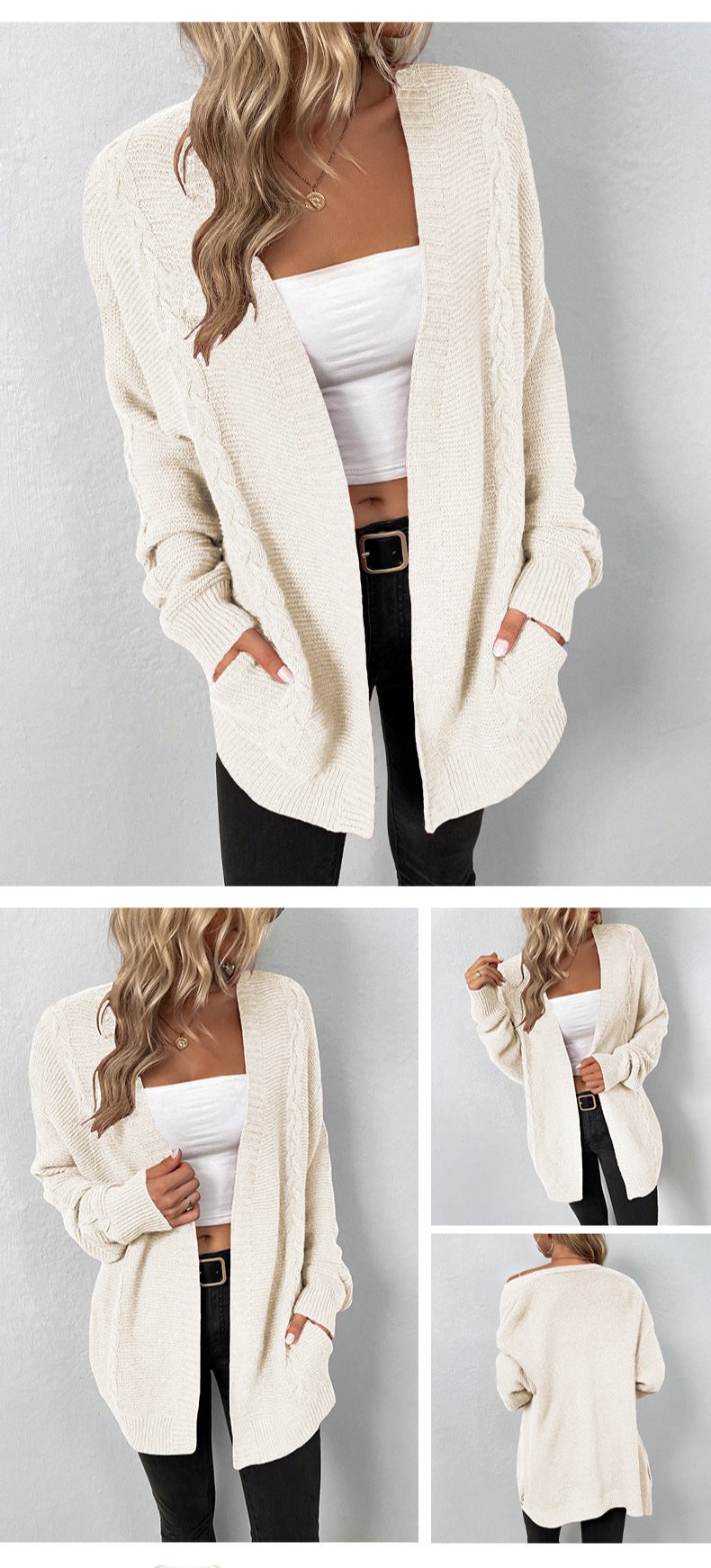 Classic Cable Knit Open Cardigan with Pockets - Warm and Elegant