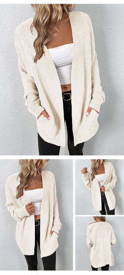 Classic Cable Knit Open Cardigan with Pockets - Warm and Elegant