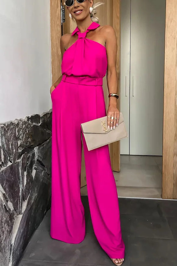 Elegant sleeveless open-back jumpsuit with wide-legged trousers
