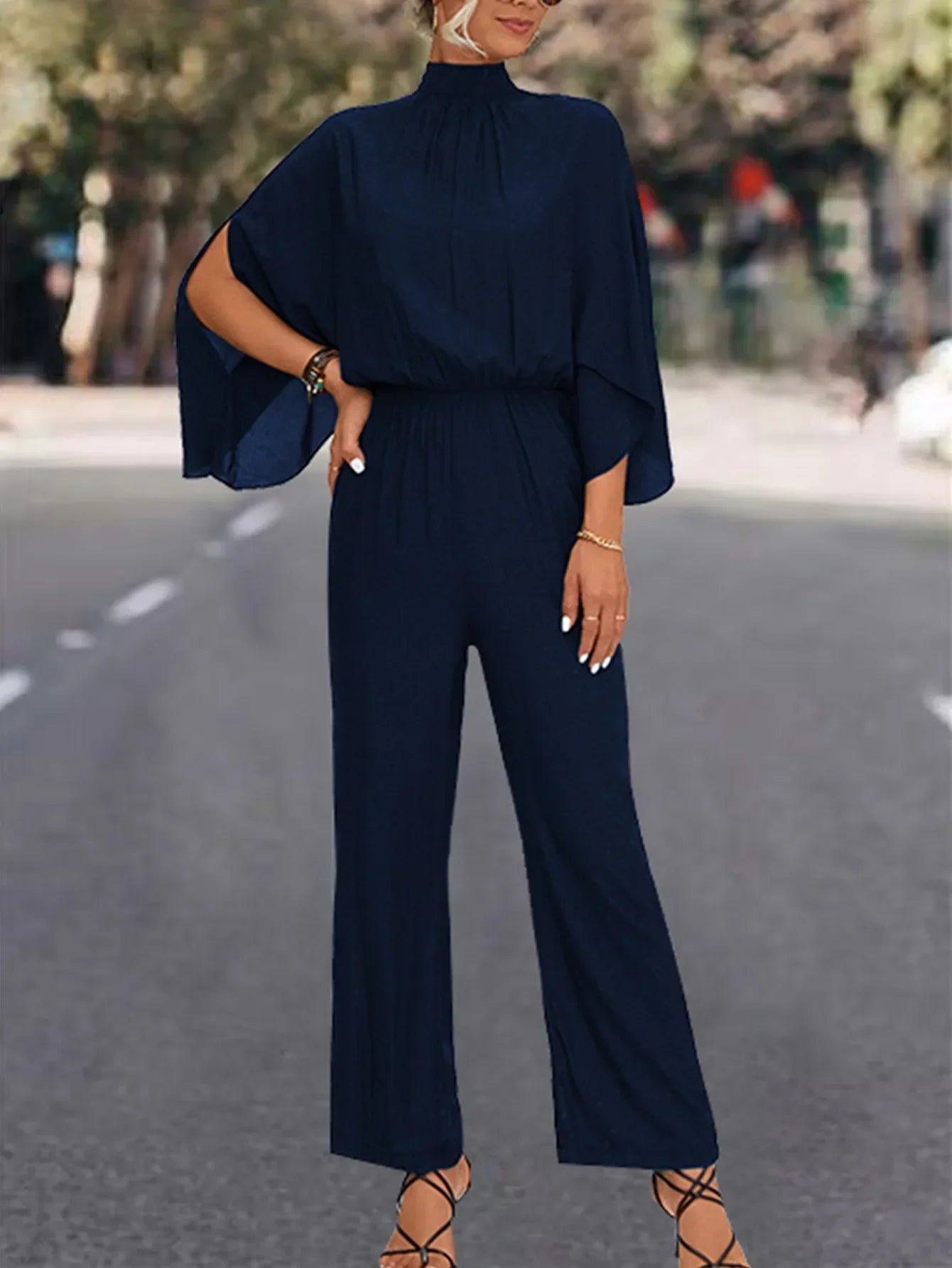 Linda - Long Sleeve Lace Up Jumpsuit with Keyhole Back