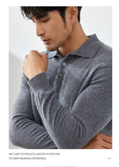 Men's Long-Sleeved Polo Shirt - Elegant Autumn Sweater