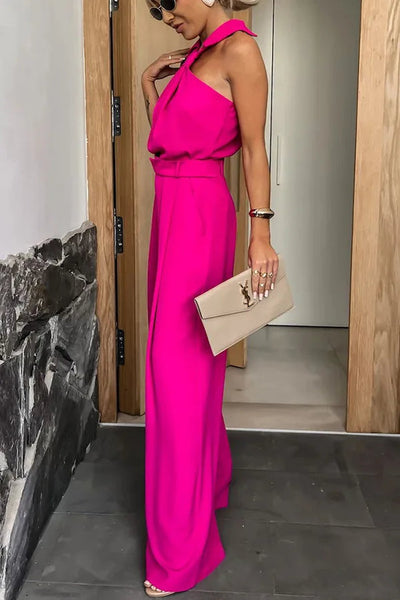 Elegant sleeveless open-back jumpsuit with wide-legged trousers