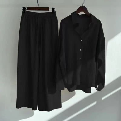 Two-piece summer set with a long-sleeved button-down shirt and wide-legged pants