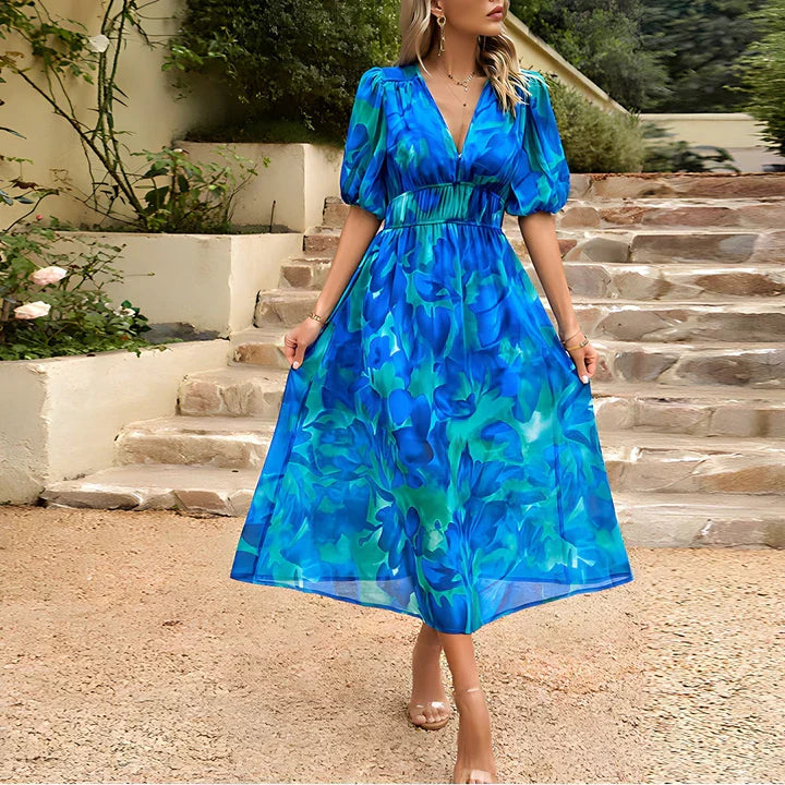 Modern women's floral midi dress with short puff sleeves
