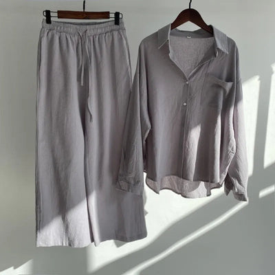 Two-piece summer set with a long-sleeved button-down shirt and wide-legged pants