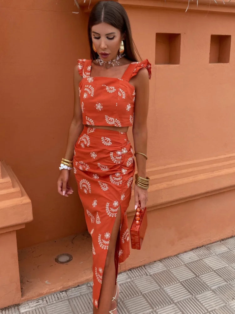 Bohemian two-piece set with crop top and flowy midi skirt