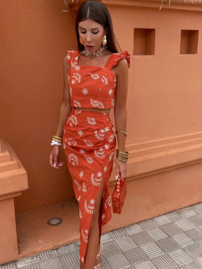 Bohemian two-piece set with crop top and flowy midi skirt