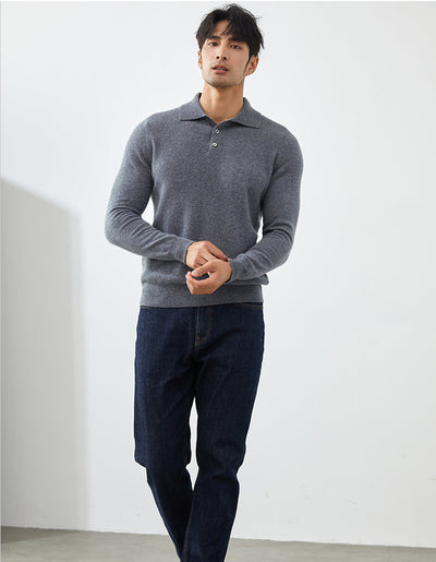 Men's Long-Sleeved Polo Shirt - Elegant Autumn Sweater