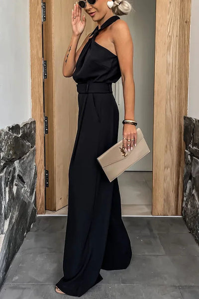 Elegant sleeveless open-back jumpsuit with wide-legged trousers