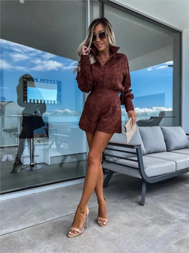 Openwork summer set with long-sleeved blouse and short shorts