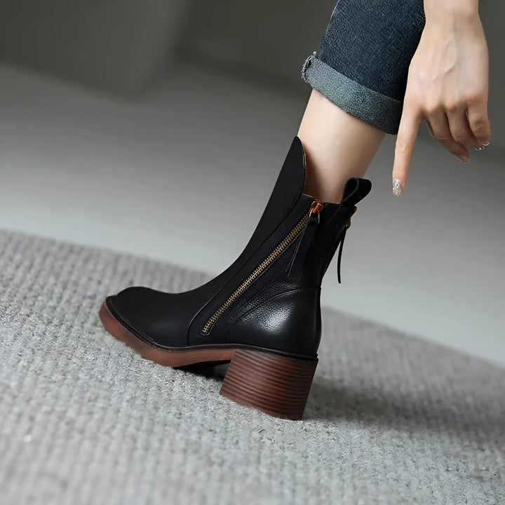 Comfortable low heel ankle boots for women with modern zipper design