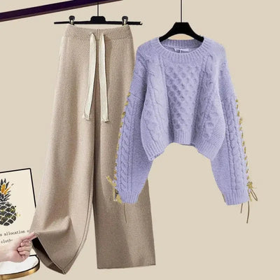 Women's two-piece set, sweater and wide-legged pants, comfortable and warm
