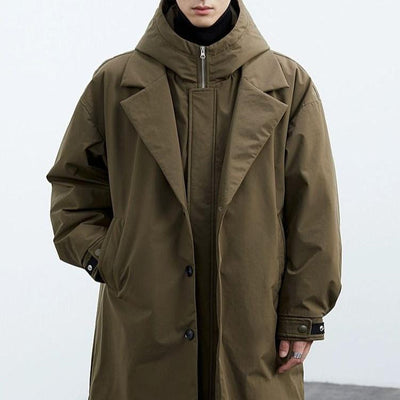 Men's long coat with double collar and wide hood