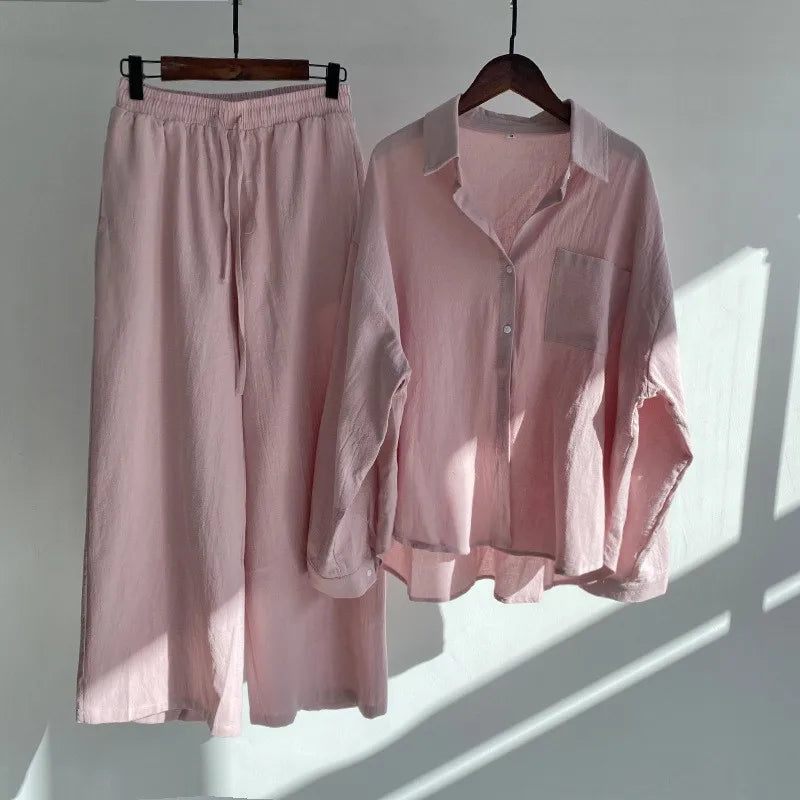 Two-piece summer set with a long-sleeved button-down shirt and wide-legged pants