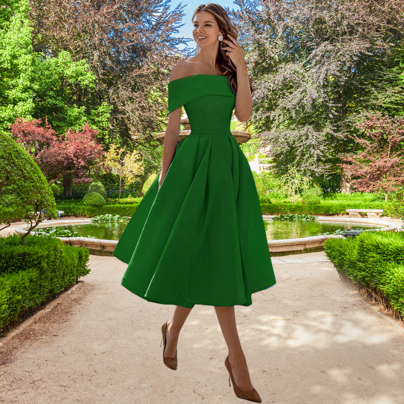 Strapless cocktail midi dress with a full skirt and elegant style