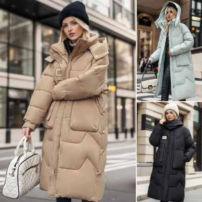Long women's jacket with a modern design and sophisticated style