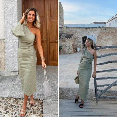 Elegant midi dress with a long, wide arm