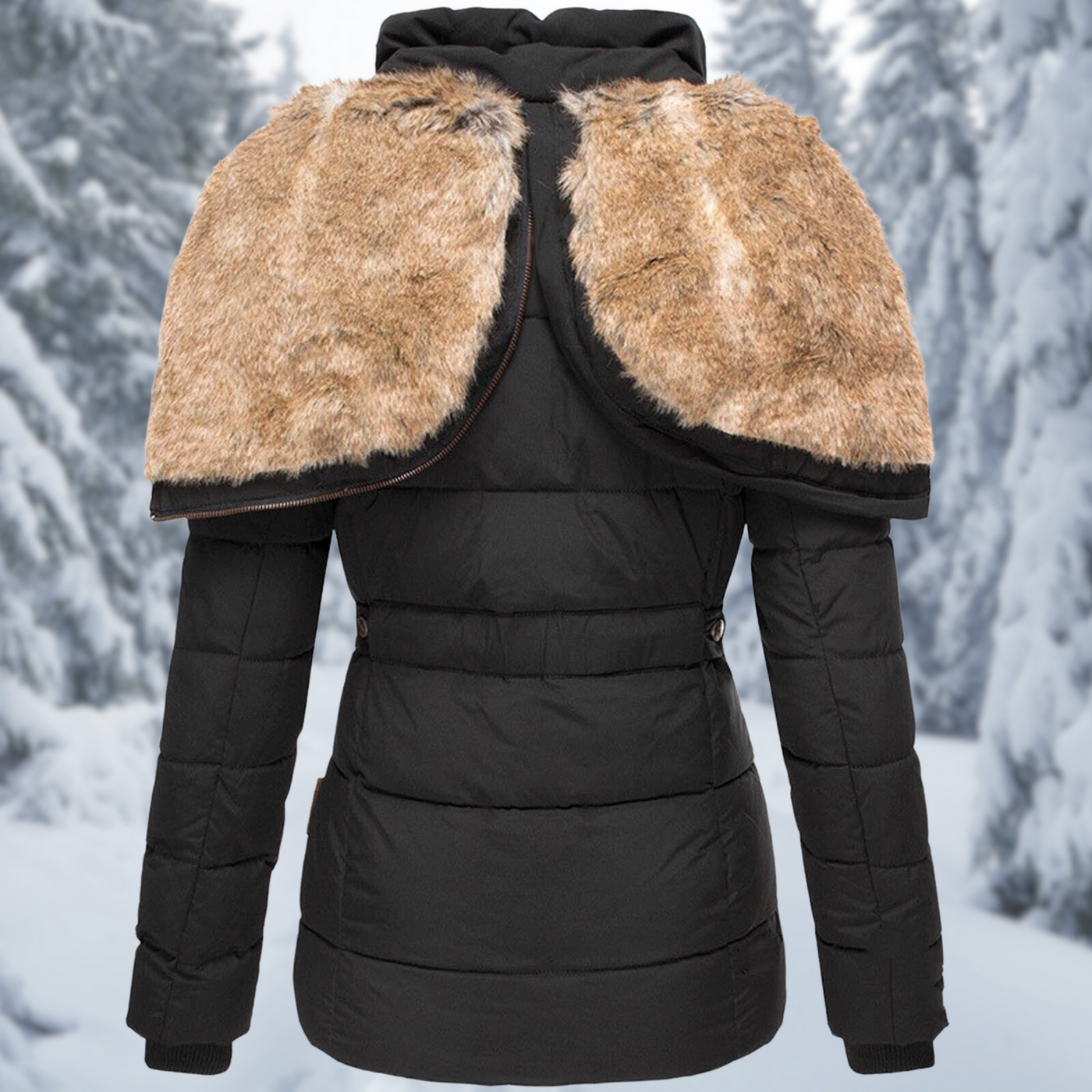 Elegant women's winter coat with modern hood design