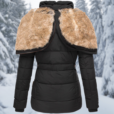 Elegant women's winter coat with modern hood design