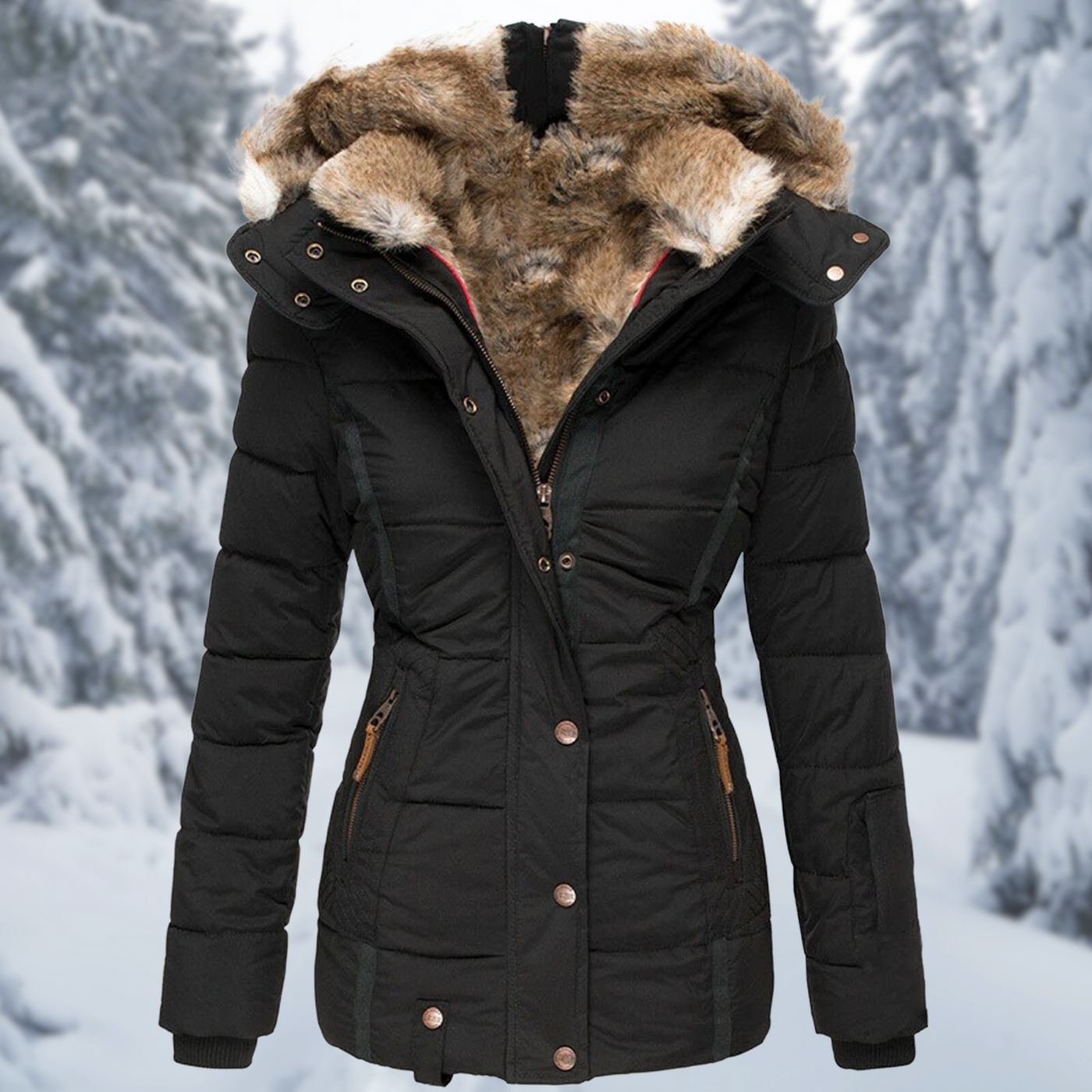 Elegant women's winter coat with modern hood design