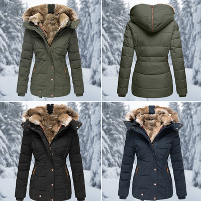 Elegant women's winter coat with modern hood design
