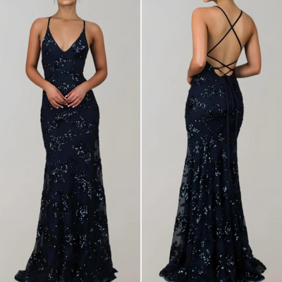 Long sleeveless shiny dress with open back