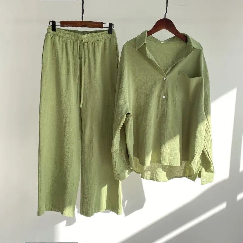 Two-piece summer set with a long-sleeved button-down shirt and wide-legged pants