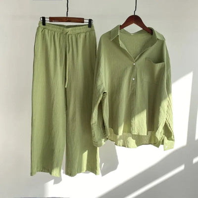 Two-piece summer set with a long-sleeved button-down shirt and wide-legged pants