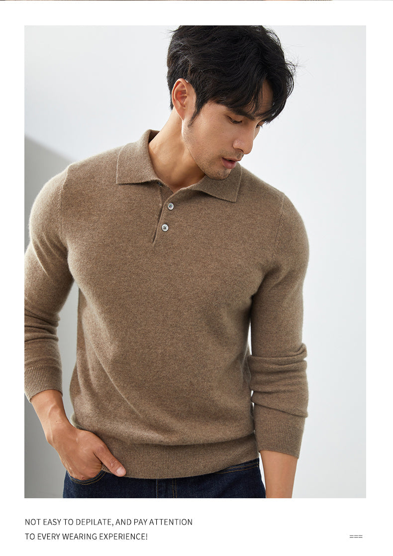 Men's Long-Sleeved Polo Shirt - Elegant Autumn Sweater