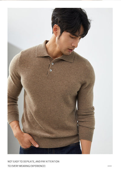 Men's Long-Sleeved Polo Shirt - Elegant Autumn Sweater