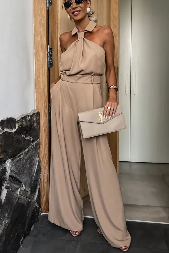 Elegant sleeveless open-back jumpsuit with wide-legged trousers