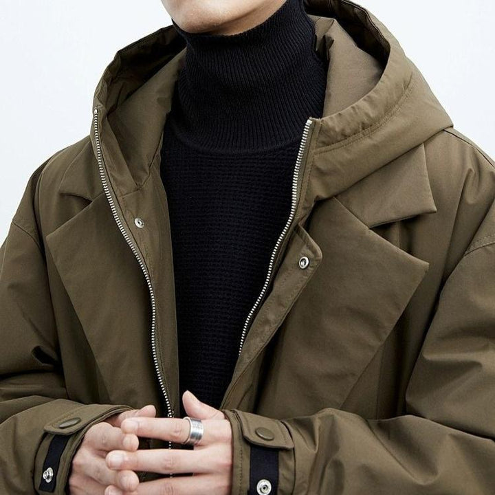 Men's long coat with double collar and wide hood