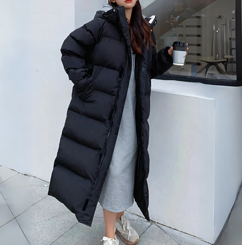 Warm women's long jacket with a modern and elegant design for winter