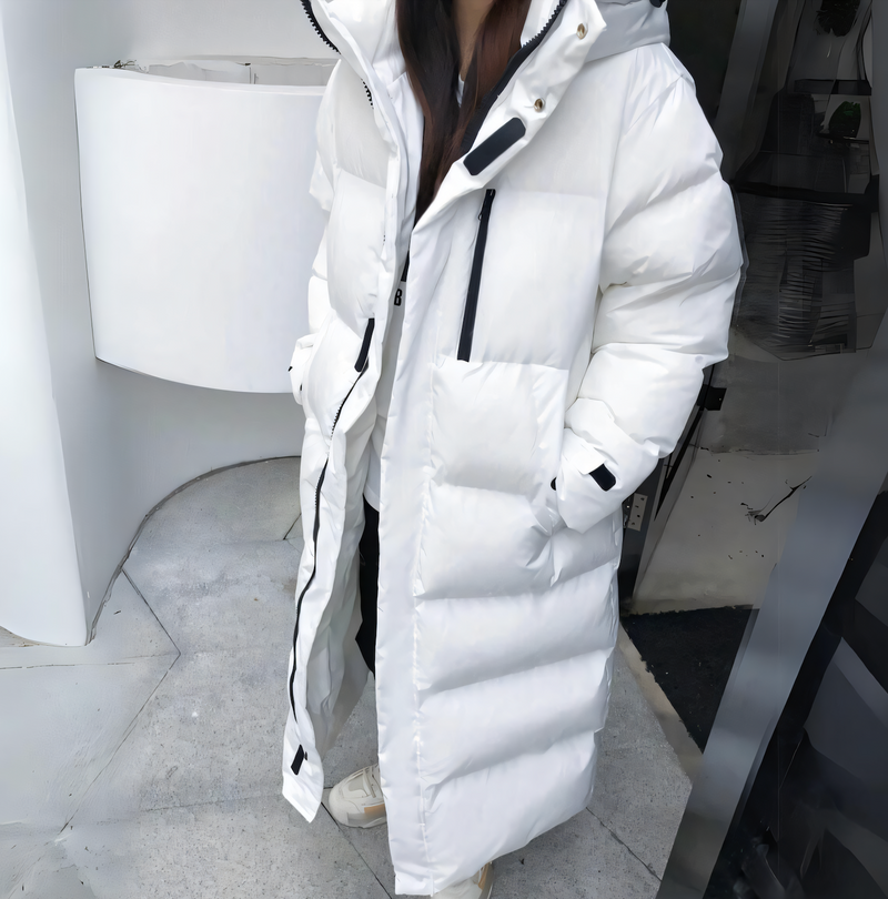 Warm women's long jacket with a modern and elegant design for winter