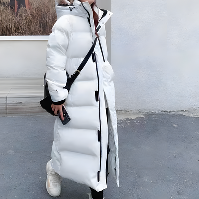Warm women's long jacket with a modern and elegant design for winter